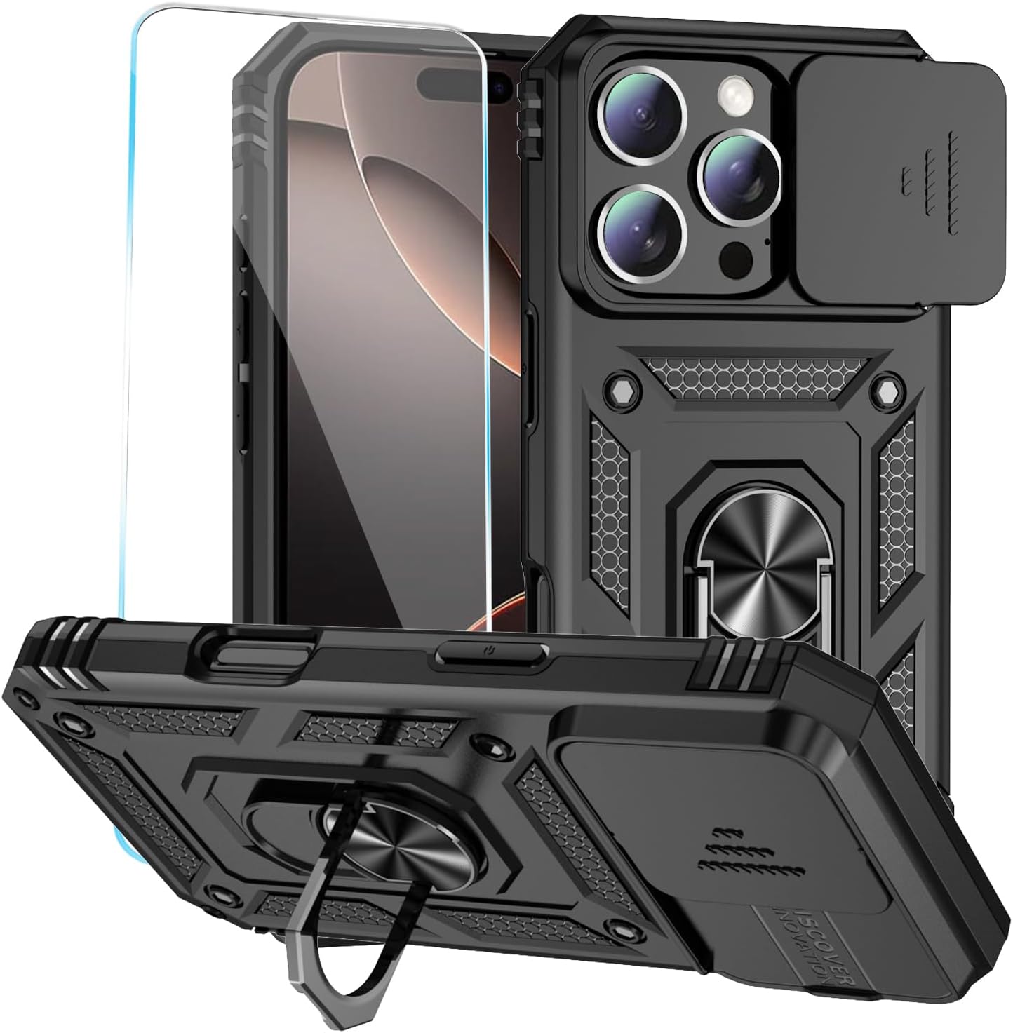 SunStory Phone Case for iPhone 16 6.1" with HD Screen Protector | Slide Camera Cover | Rotated Ring Kickstand | Military-Grade Protection | Red