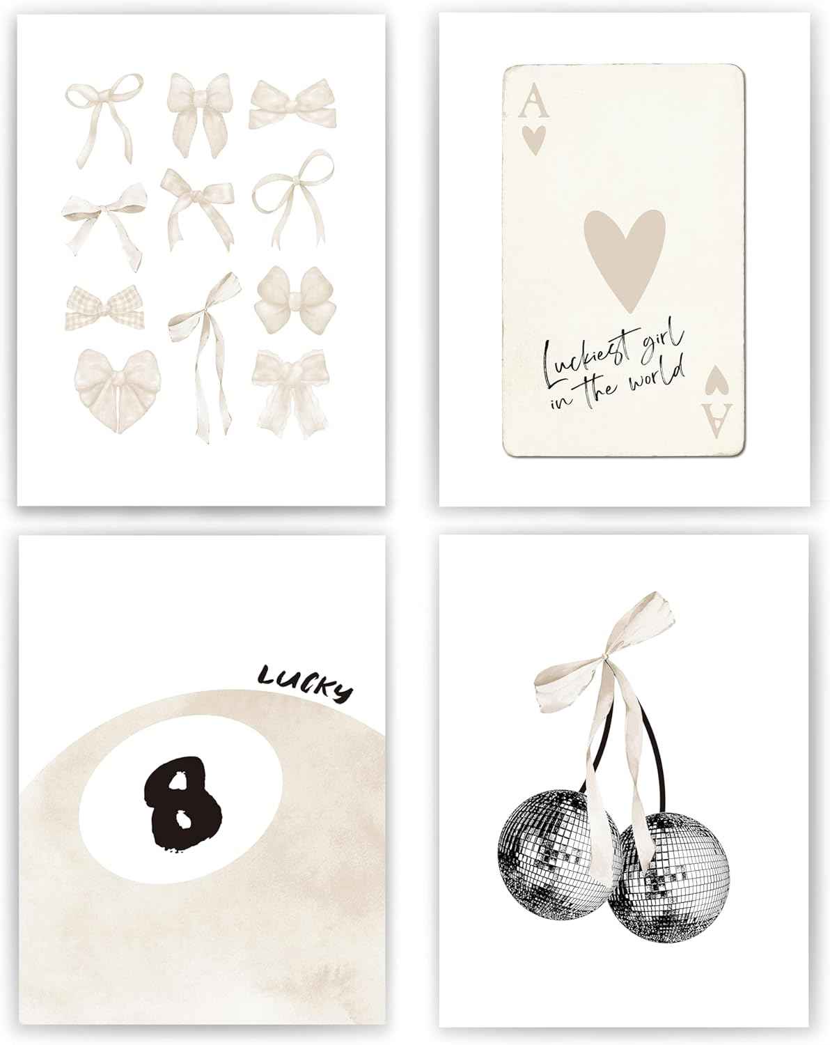 okaxscm Sage Green Coquette Trendy Preppy Wall Art Prints Set of 4, Coquette Preppy Room Decor Aesthetic, Green Bow Disco 8 Ball Cherry Wall Decor Posters for Girls Bedroom Dorm, 8x10 Unframed