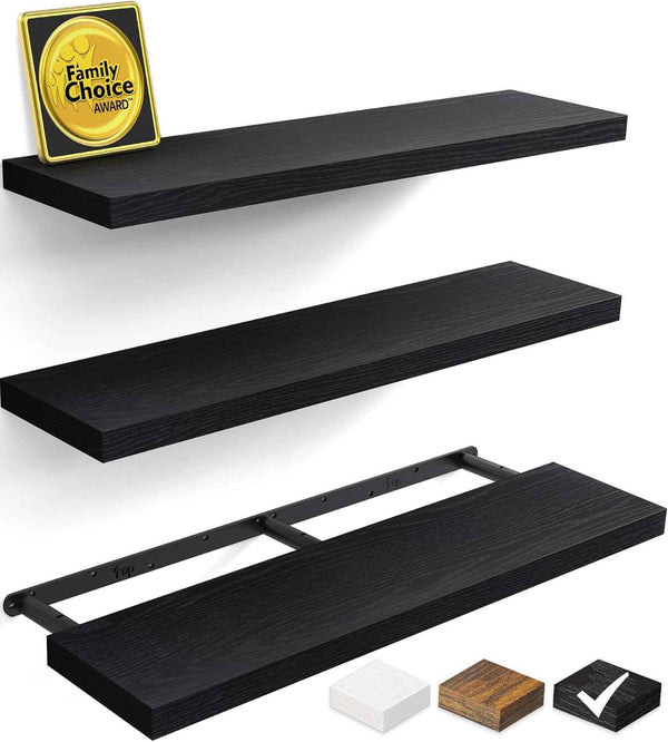 BAYKA Floating Shelves for Wall, Wall Mounted Rustic Wood Shelves for Bathroom, Bedroom, Living Room, Kitchen, Hanging Shelf for Books/Storage/Room Decor with 22lbs Capacity (Black, Set of 3, 15.7in)