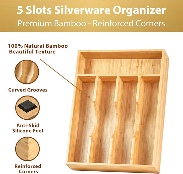 Bamboo kitchen drawer organizer for small drawers, 9 inch silverware tray holder