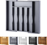 Bamboo kitchen drawer organizer for cutlery and utensils, adjustable and expandable