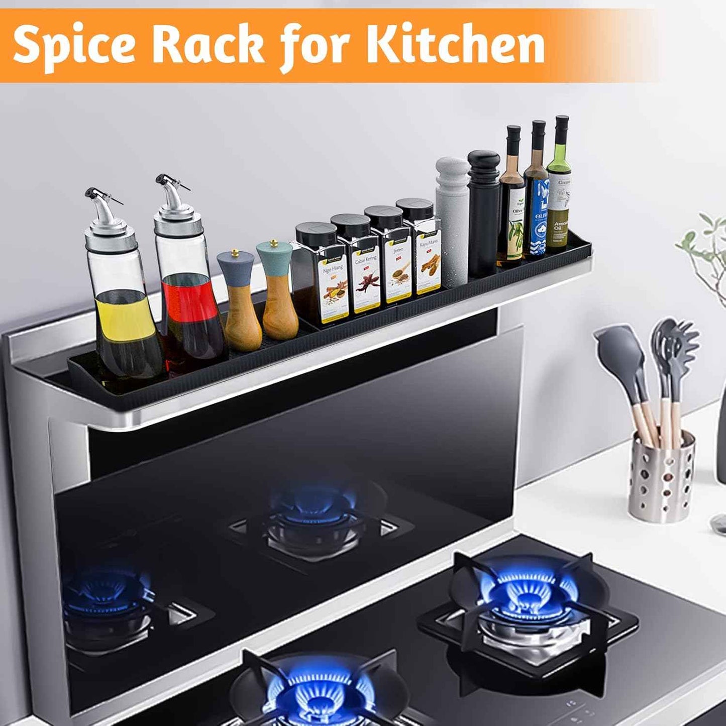 30 Inch Silicone Stove Top Shelf Magnetic for Kitchen Gadgets, Soft Flexible Strong Magnetic Heat Resistant Spice Rack Kitchen Organizer for Over Stove