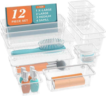 12 PCS Drawer Organizer Set, 4 Sizes Tool Storage Trays, Clear Plastic Makeup Vanity Organizer and Storage Bins for Makeup, Stationeries, Multiple Gadgets for Bathroom, Office, Bedroom