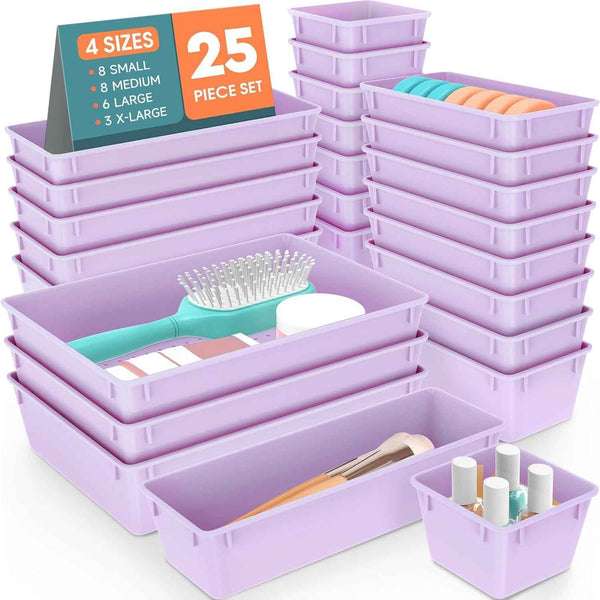25 PCS Plastic Drawer Organizer Set, 4-Size Versatile Organizer Trays & storage Bins for Makeup, Jewelry, and Gadgets in Bathroom, Bedroom and Office,Clear Black