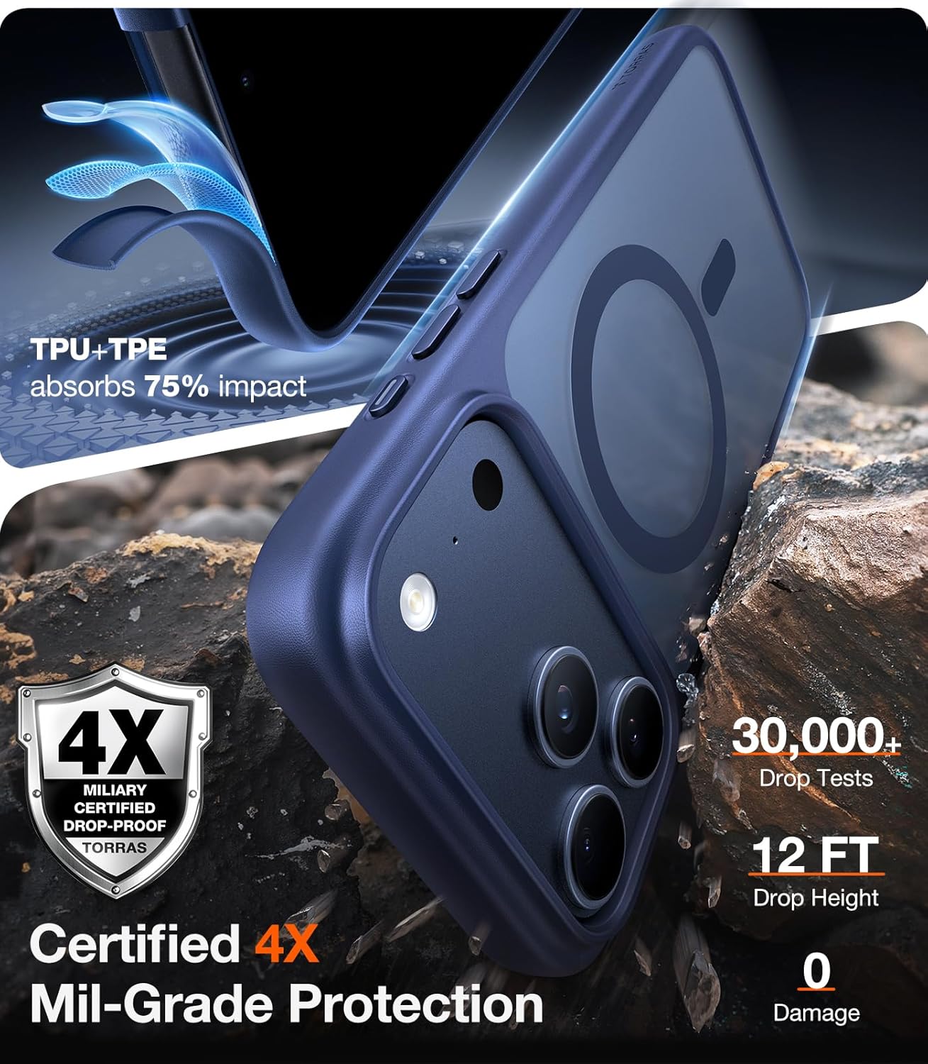 TORRAS Stronger Magnetic & Shockproof for iPhone 17 Pro Max Case, Fit for MagSafe, Military Grade Drop Protection, Camera Control, DIY Button, Slim for iPhone 17 Pro Max Case Translucent Deep Blue - Rayz Mart