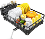 Large capacity dish drying rack for kitchen counter with utensil holder and efficient drainage
