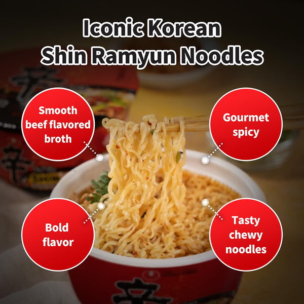 Nongshim Shin Ramyun Bowl Noodles: Spicy Korean Instant Ramen with Rich Beef Broth, Microwaveable