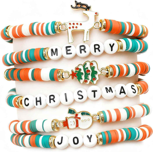 Christmas Gifts Girl Bracelets 6 Pack Polymer Clay Jewelry Merry Christmas Gifts for Women Teens Girl Gifts