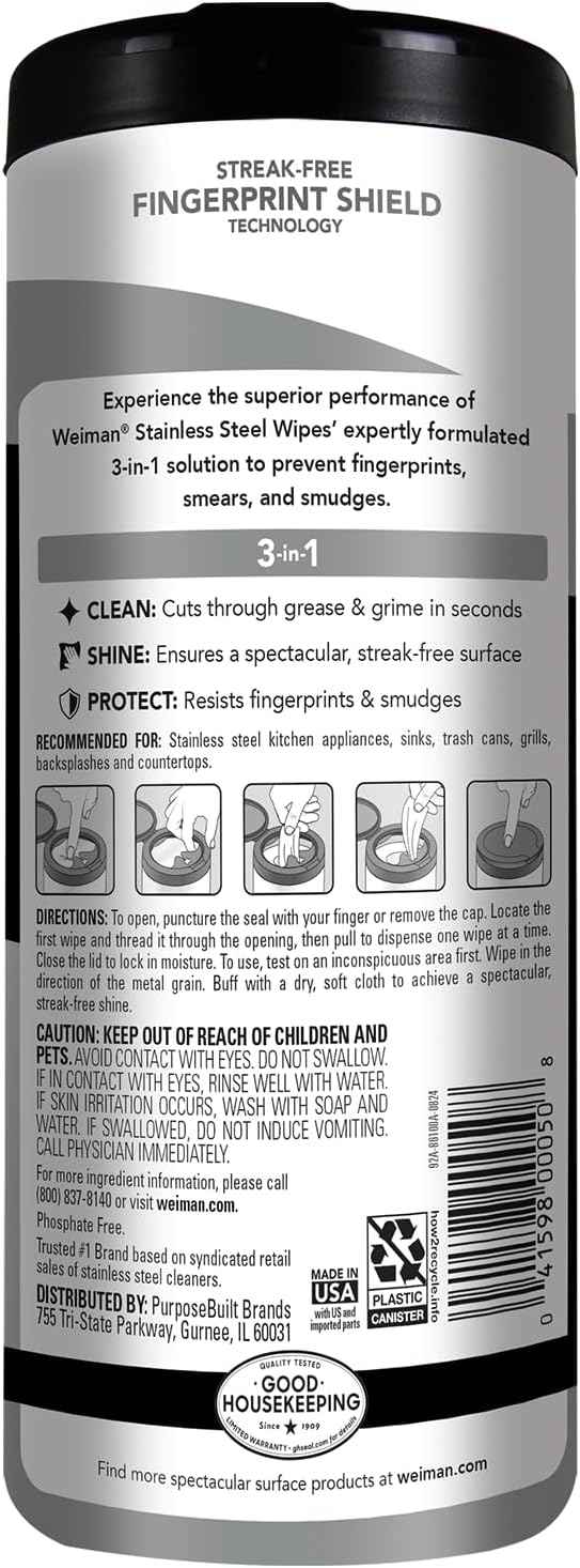 Weiman Stainless Steel Cleaner, 30 Count Cleaning Wipes, Removes Dirt, Grime, and Grease, No Streaks or Residue, Stainless Steel Polish for a Sparkling Clean and Shiny Surface, Cleaning Supplies