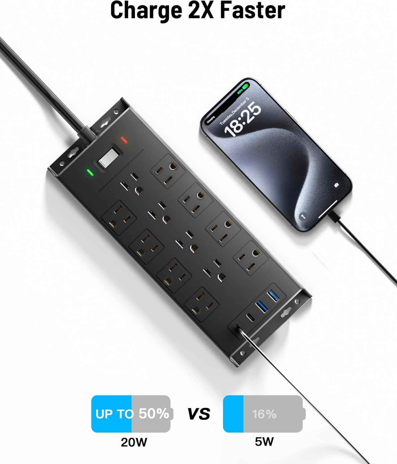 Surge Protector Power Strip 4800J, LeZone 10Ft Long Extension Cord Flat Plug, 12 Outlets 2 USB C 2 USB Ports, Wall Mountable, 20W Desk Charging Station, Black