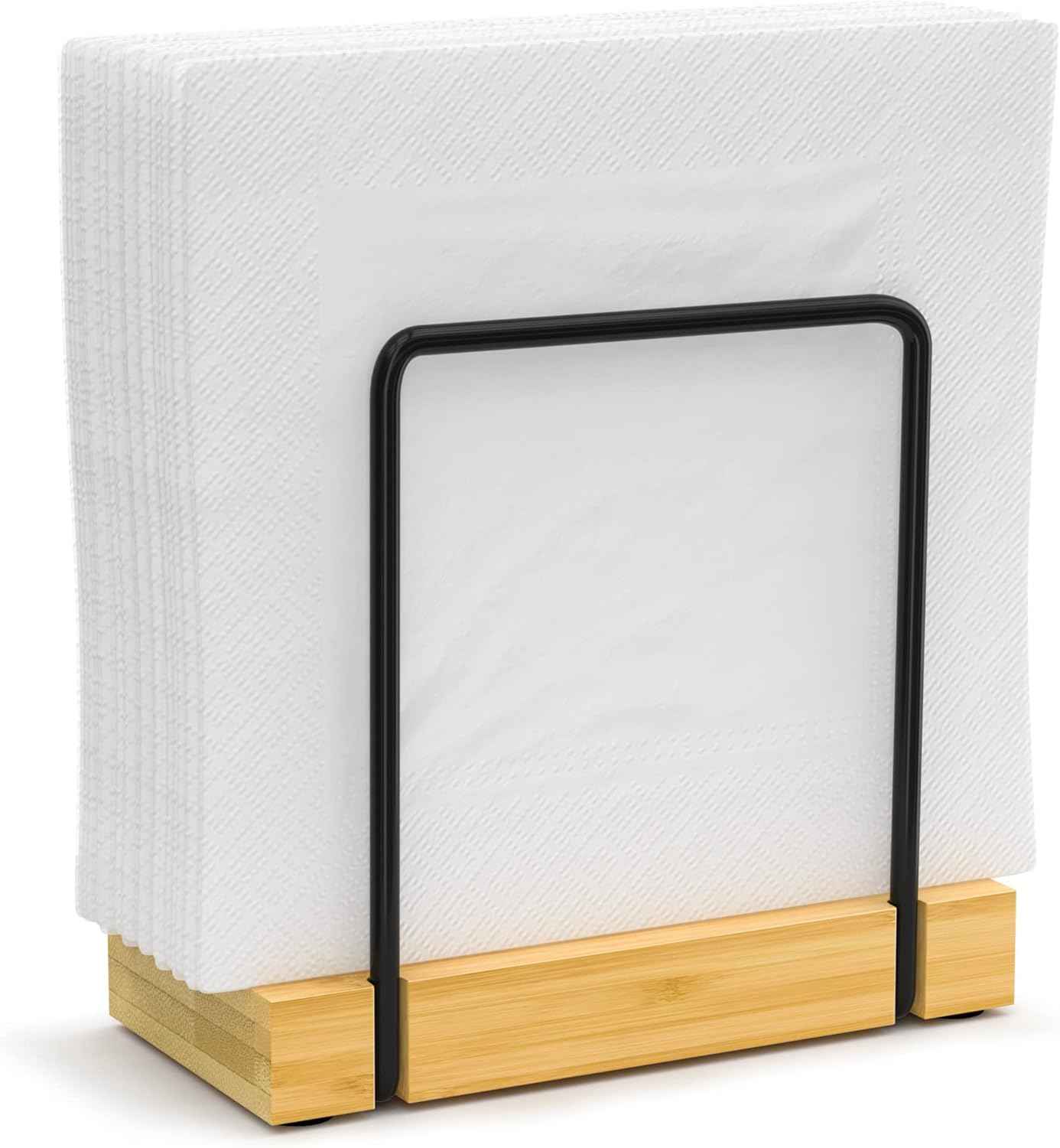 Wican Napkin Holder for Table, Bamboo Iron Standing Napkin Dispenser for Kitchen Dining Farmhouse Cocktail Picnic Bar Rustic Wood Holders for Paper Mail Bills Suitable for All Dining Room Decors Black