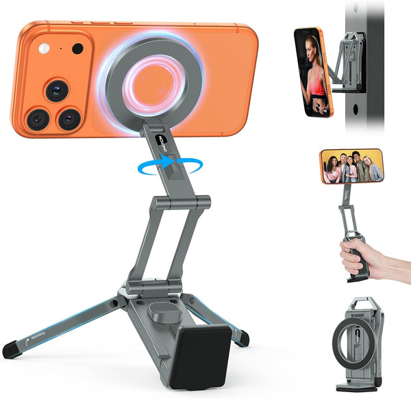 OMOTON TP02 360°Rotating for MagSafe Tripod, Aluminum Magnetic Phone Tripod for iPhone 17/16/15 Pro Max Air Women Men, Foldable Cell Phone Stand Fits Vlog, Gym, Travel Accessories Gift for Fathers Day