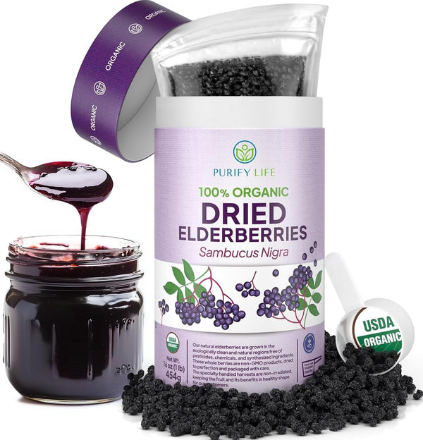 USDA Certified Organic Dried Elderberries 1lb Bulk Non Irradiated Non GMO Whole Black Elderberry