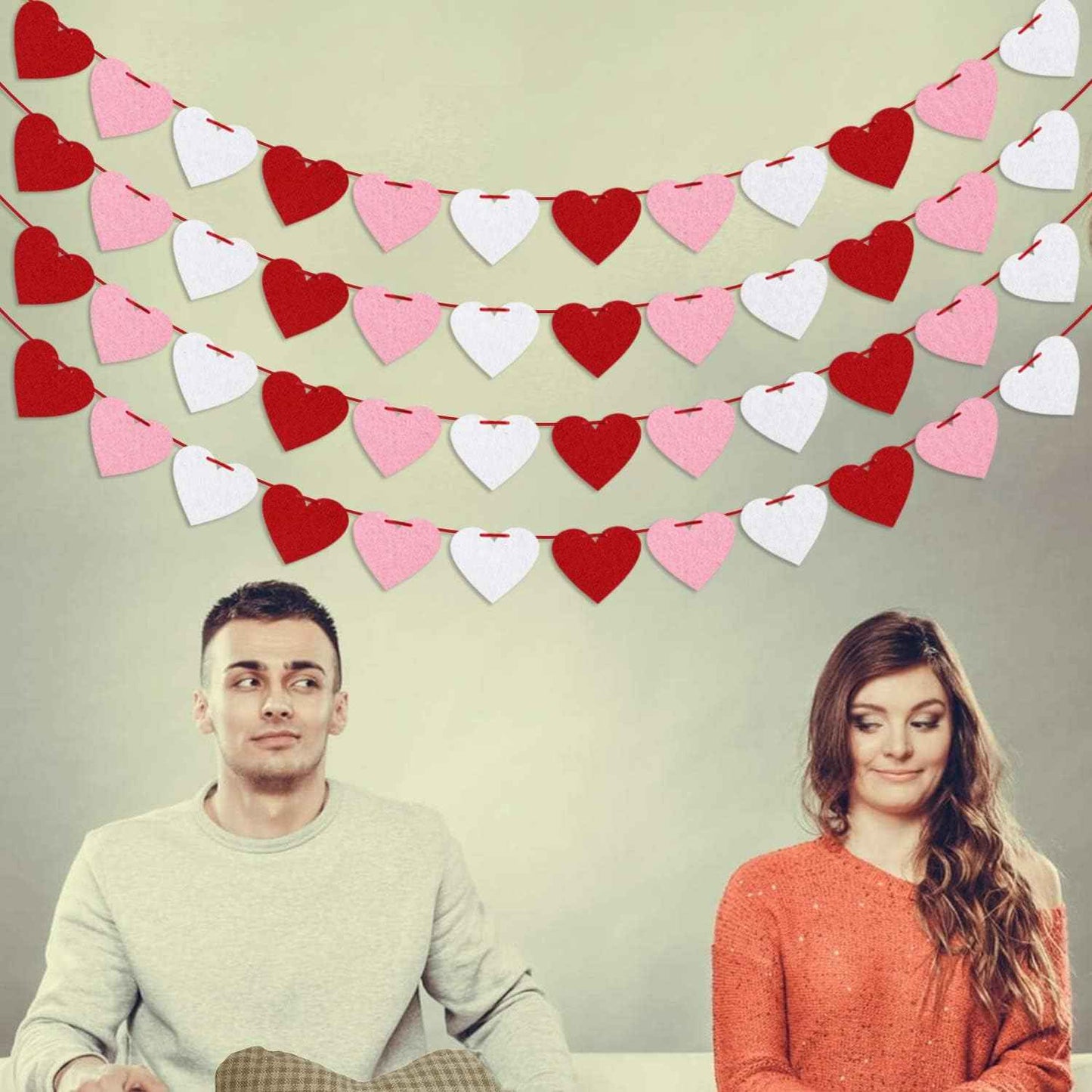 Felt Heart Garland Banner, Pre-Strung | Valentines Decorations | Red Pink White Valentines Banner | Anniversary Wedding Birthday Party Decorations | Outdoor Home Hanging Valentine's Day Decor