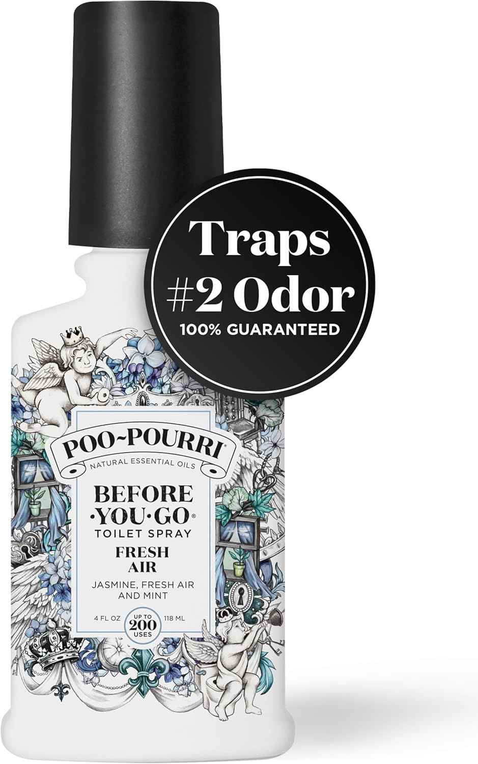 Poo-Pourri Before-You-Go Toilet Spray, Fresh Air, 4 Fl Oz, Up to 200 Uses, Bathroom Odor Deodorizer , Plant-Based with Essential Oils, for Home or Work, Jasmine, Fresh Air and Mint Scent