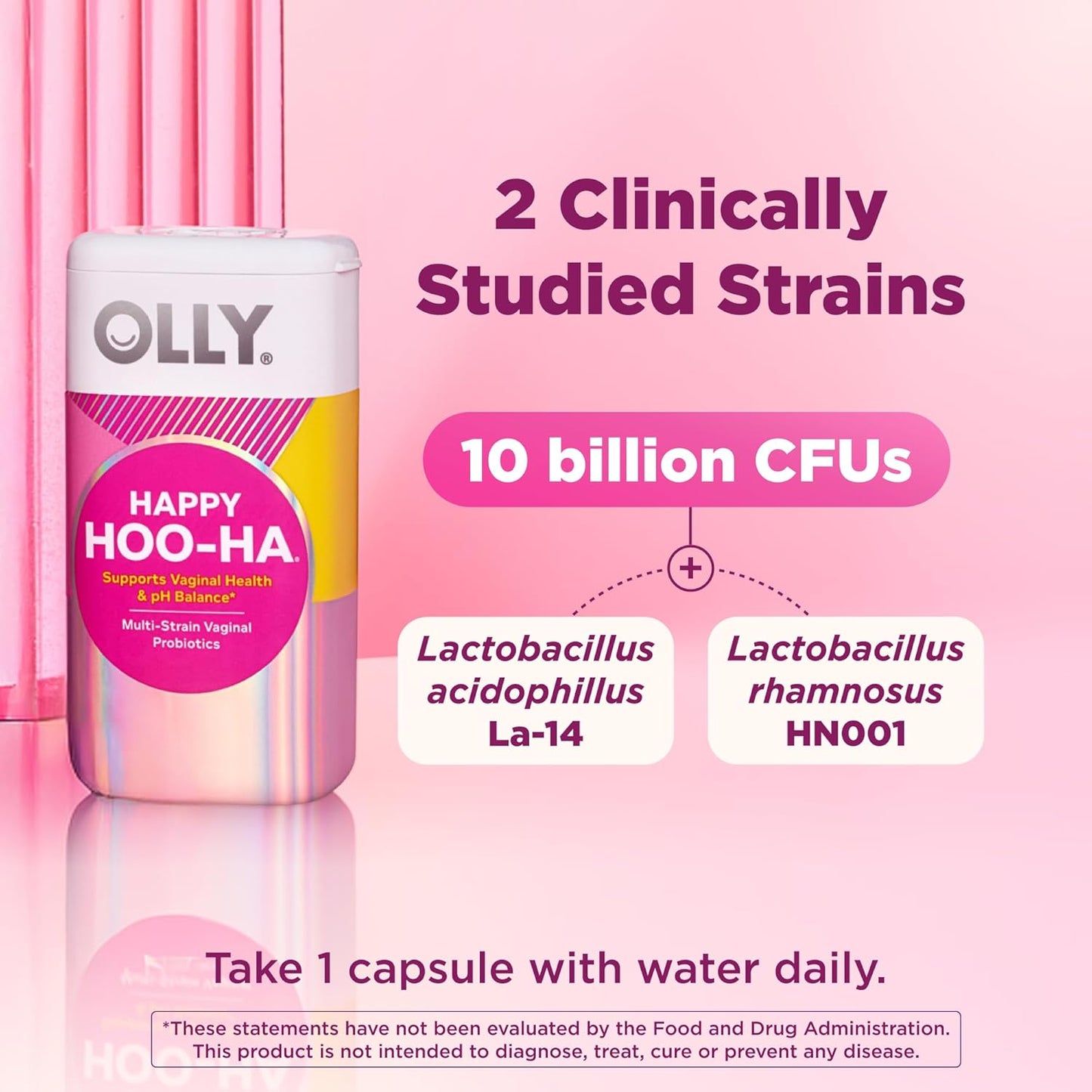 OLLY Happy Hoo-Ha Capsules, Probiotic for Women, Vaginal Health and pH Balance, 10 Billion CFU, Gluten Free - 25 Count
