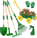 Duckura Kids Gardening Tools Set - 7pcs Wheelbarrow Set for Kids with Shovel, Rake, Leaf Rake, Summer Outdoor Yard Digging Weed Birthday Gifts Toys, Valentine's for Boys Girls Age 2 3+ Years(Green)