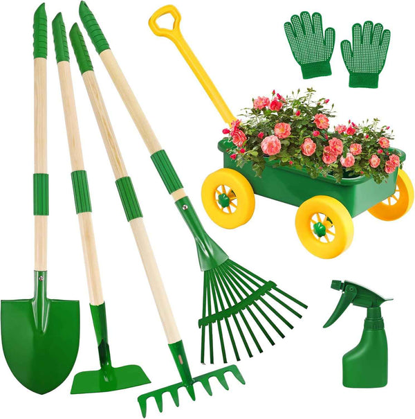 Duckura Kids Gardening Tools Set - 7pcs Wheelbarrow Set for Kids with Shovel, Rake, Leaf Rake, Summer Outdoor Yard Digging Weed Birthday Gifts Toys, Valentine's for Boys Girls Age 2 3+ Years(Green)