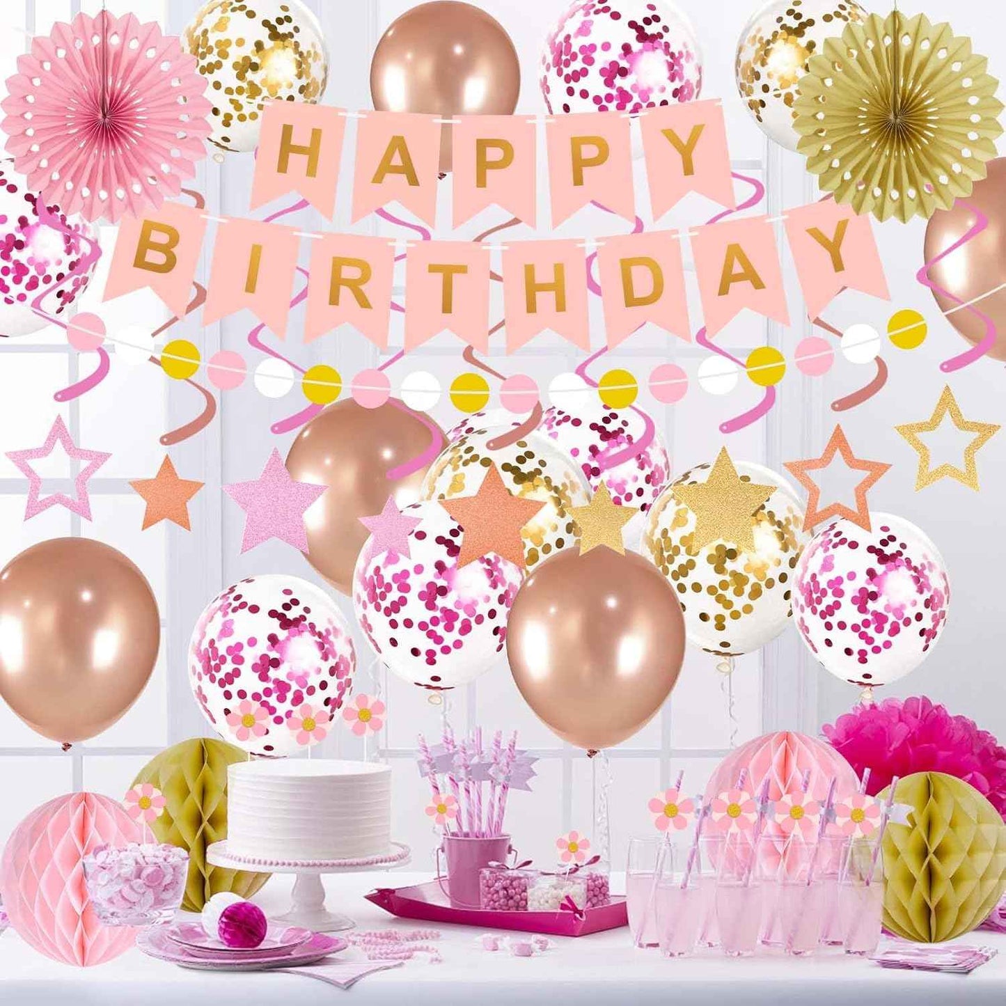 65Pcs Birthday Decorations Happy Birthday Banner Pink Rose Gold Balloons Honeycomb Ball Paper Fans Dots Garland Hanging Swirls Birthday Party Decor for Girls Women Princess