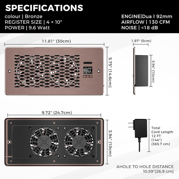 Built-in Register Booster Fan with Cover for Air Heat Vent with Fan,Fits 4"x10" Duct/Ceiling/Floor Vents, Improves AC & Heating/Cooling,Quiet 10-Speed Household/Bedroom Ventilation,smart,Bronze