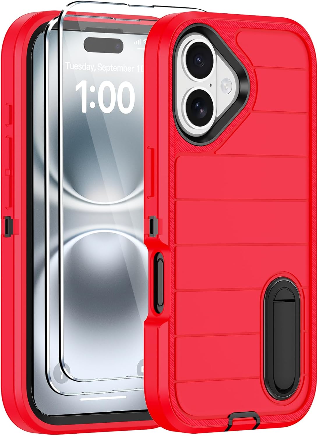 for iPhone 16 Case with 2 Screen Protectors,Heavy Duty Shockproof Drop Protection Military Grade Tri-Layer Rugged Cell Phone Cover with Built-in Invisible Kickstand 6.1“ (Black)