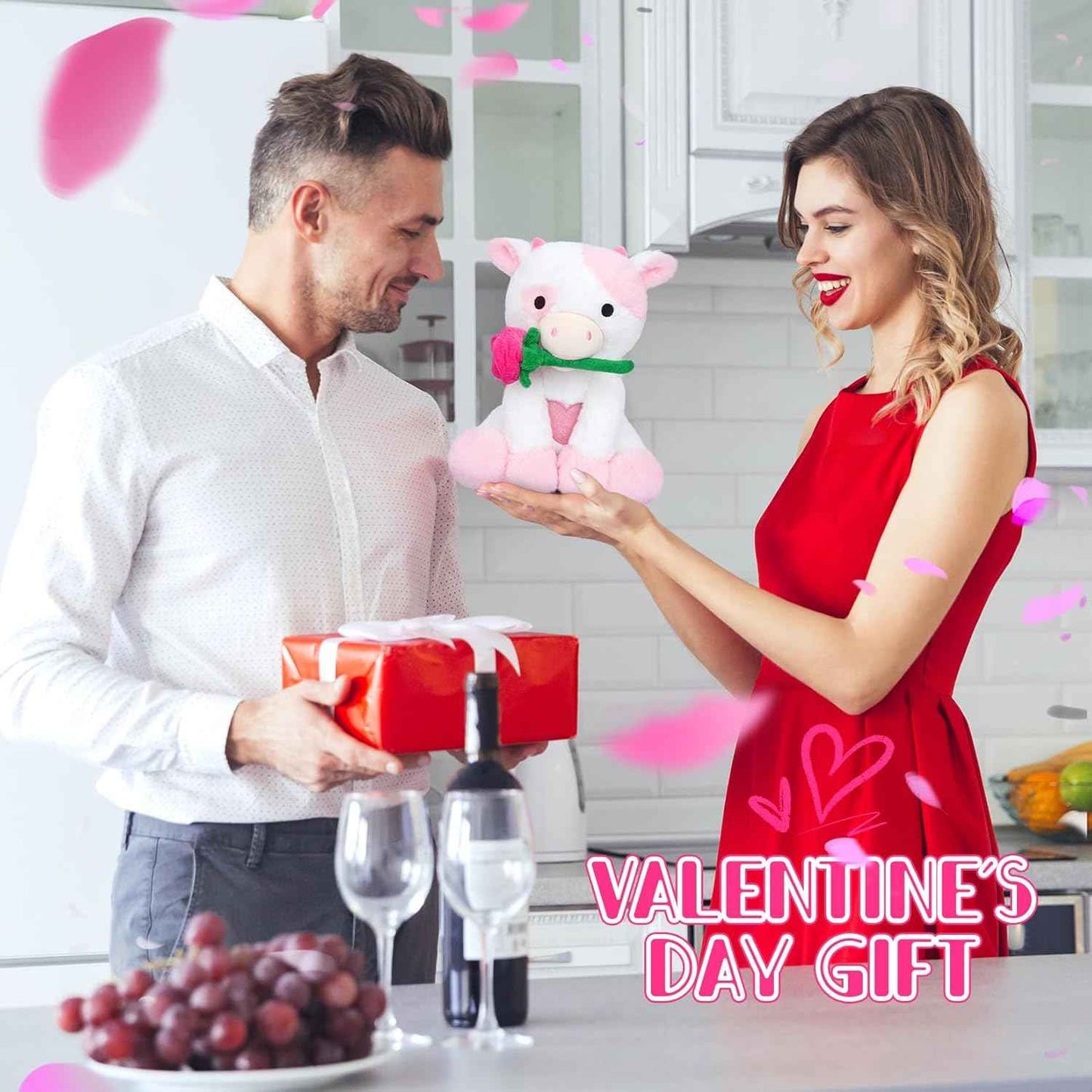 Bekrgwiy Valentines Stuffed Animal,10in Pink Cow Stuffed Animals with Rose,Valentines Day Plush Cow,Pink Cow Plushie Doll Toys,Valentines Day Gifts for Her Girlfriend Kids