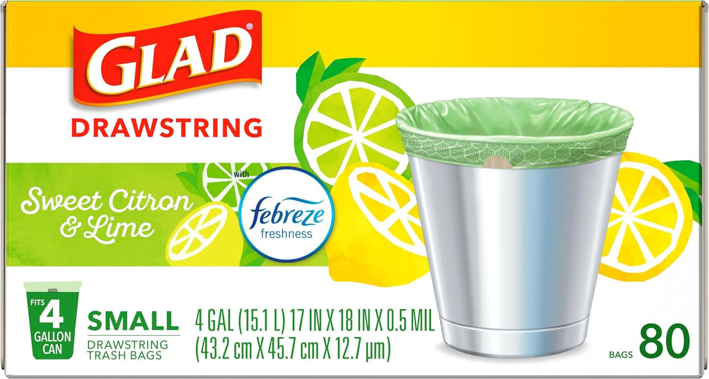 Glad Small Trash Bags 4 Gallon, Febreze Sweet Citron & Lime Garbage Bags, Odor Resistant with Drawstring, 80 Count