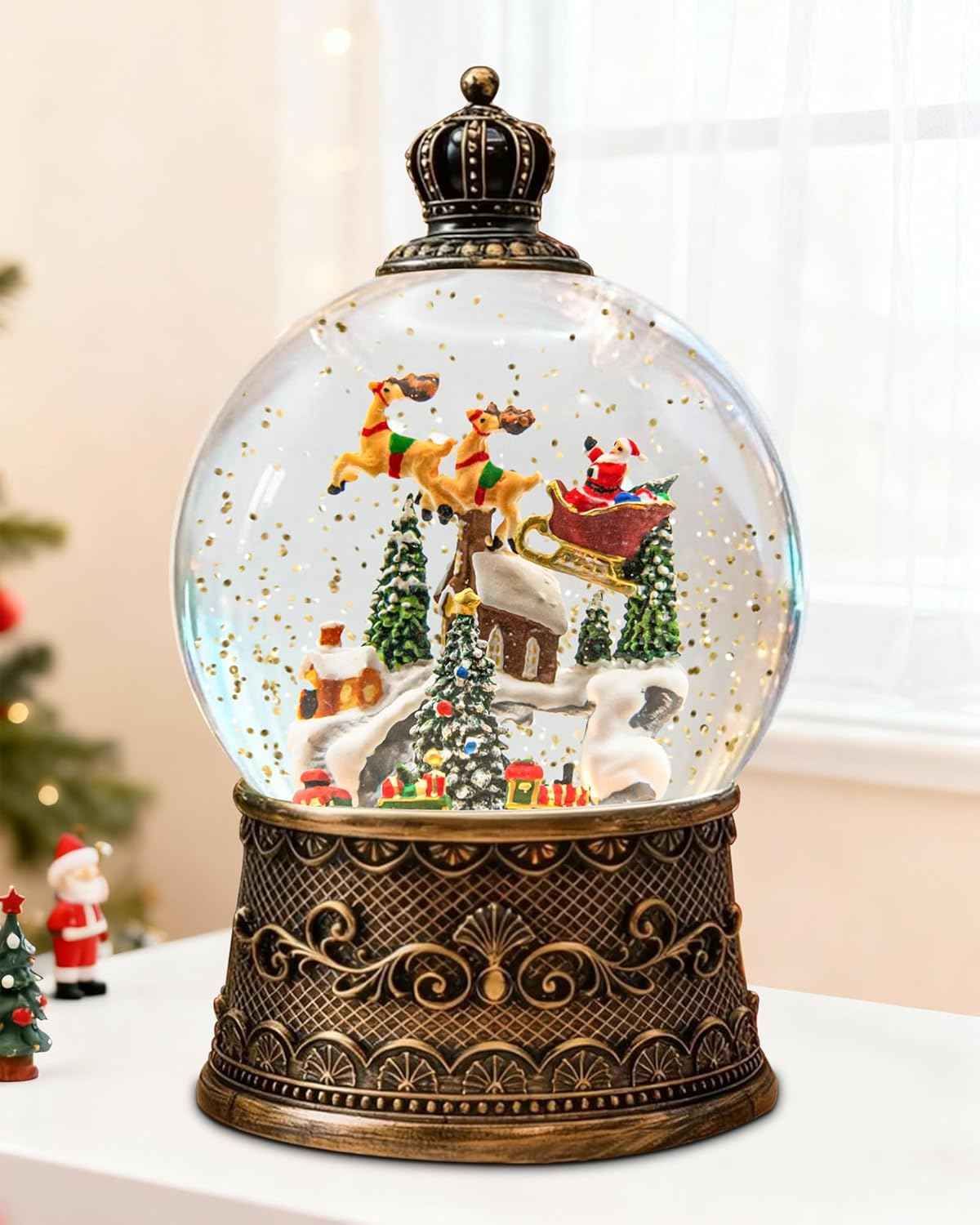 Christmas Santa Snow Globe Light up Lantern with 8 Songs, 9.17" Red Christmas Snow Globes for Kids Adults, 6H Timer & Dual Power, Snowglobes Christmas Decorations Indoor, Gifts for Women Men