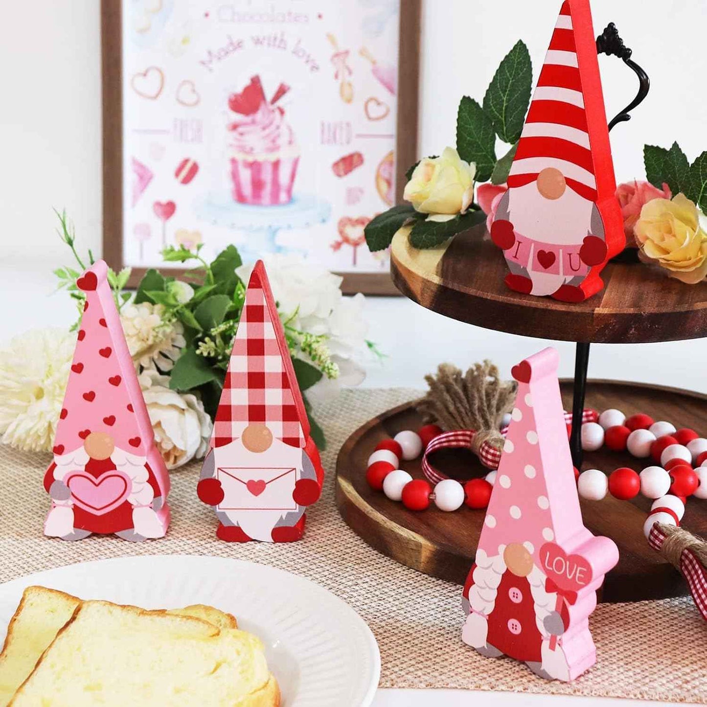 Valentines Day Decor Gnome Table Decorations Sign, 4 Pcs Galentines Day Red and Pink Wooden Tiered Tray Decor, Classic Valentines Day Decorations for The Home Table Decor Valentines Day Gifts