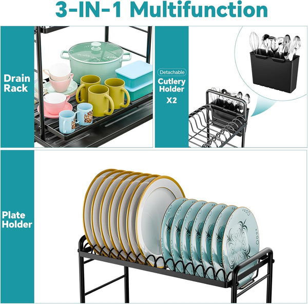 2-Tier Stainless Steel Dish Rack with Utensil Holder and Drainboard