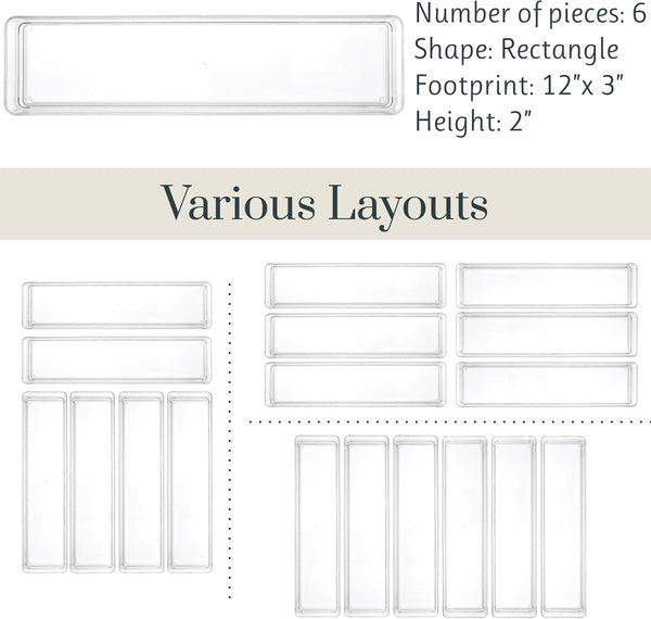 6-piece clear plastic drawer organizer set for makeup vanity and office desk