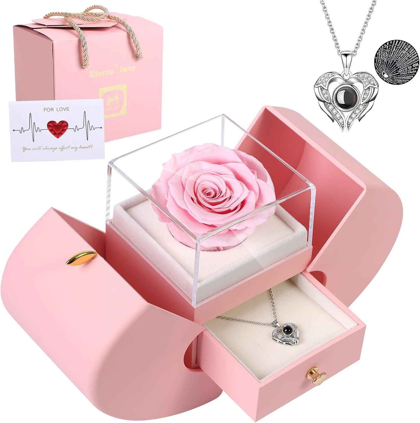 Preserved Real Rose with I love you Necklace 100 Languages, Gifts for Girlfriend, Women, Mom, Wife, Gifts Idea on Christmas, Valentine's Day, Mother's Day, Birthday, Anniversary, Thanksgiving