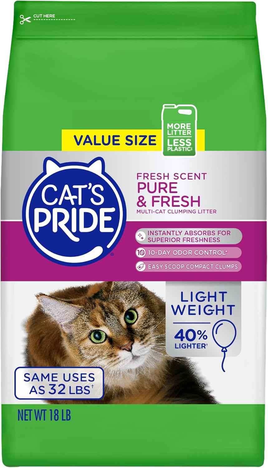 Cat's Pride Premium Lightweight Clumping Litter: Pure & Fresh - Up to 10 Days of Powerful Odor Control - Multi-Cat, Scented, 10 Pounds