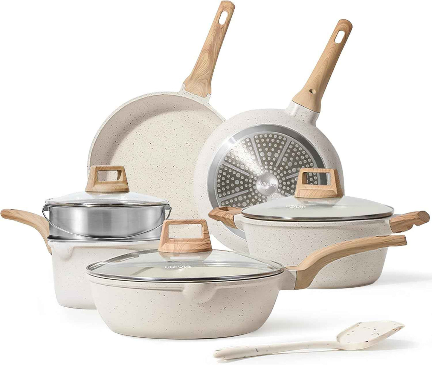 CAROTE 21Pcs Pots and Pans Set, Nonstick Cookware Sets, White Granite Induction Cookware Non Stick Cooking Set w/Frying Pans & Saucepans(PFOS, PFOA Free)