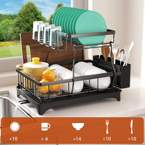 2-Tier Dish Rack with Auto-Drain and Mat for Kitchen Counter