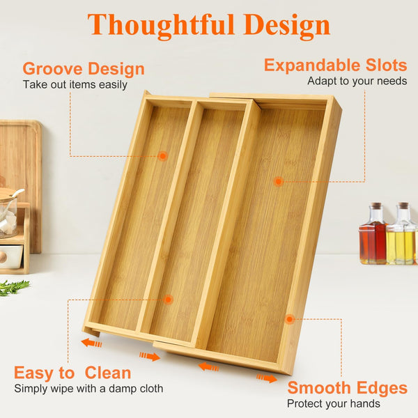 Bamboo Silverware Drawer Organizer Tray for Kitchen Utensils and Tools