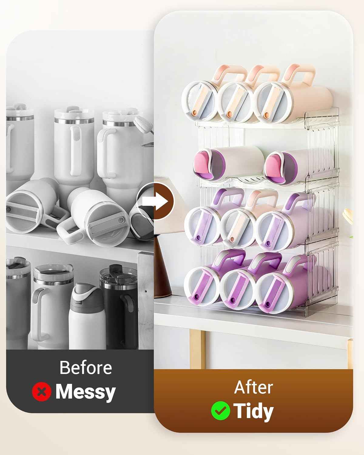 Large Tumbler Organizer for Stanley Cup 40 oz, Patented Kitchen Pantry Organizers and Storage for Stanley Cup Accessories, Stackable Water Bottle Organizer Holder Gifts 4Pack Large-12-bottle