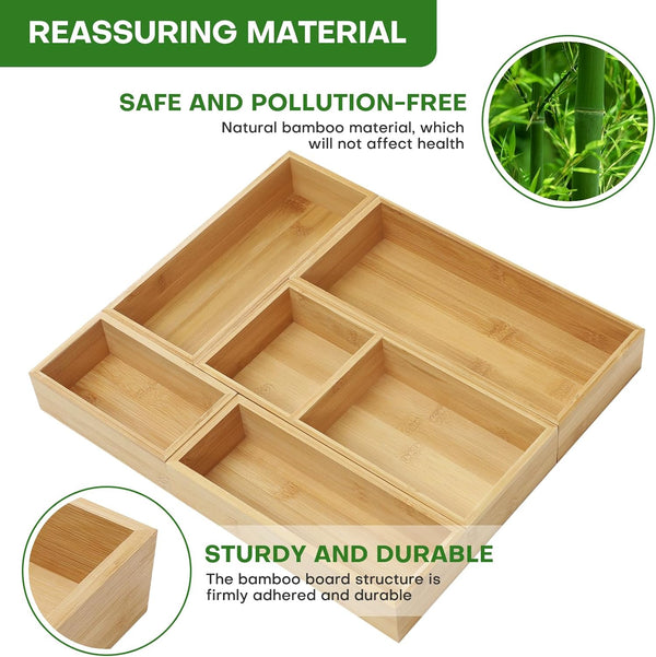 Bamboo Drawer Organizer Set for Kitchen, Bathroom, Office, and Makeup