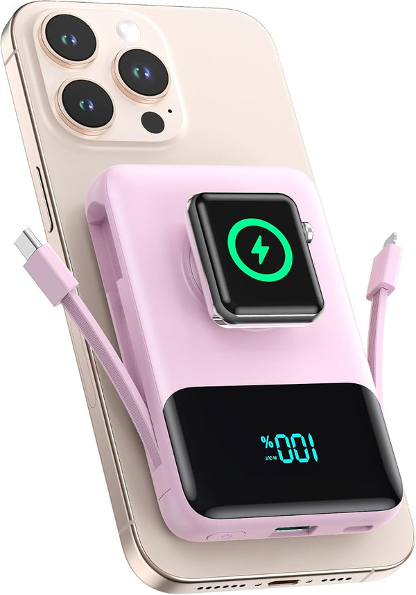 Magnetic Portable Charger for iPhone with Built-in Cable,10800mAh Wireless Power Bank for Magsafe Travel Essential,6-in-1 25W PD Fast Charging USB C Battery Pack for iPhone 17/16/15/14/13, Apple Watch