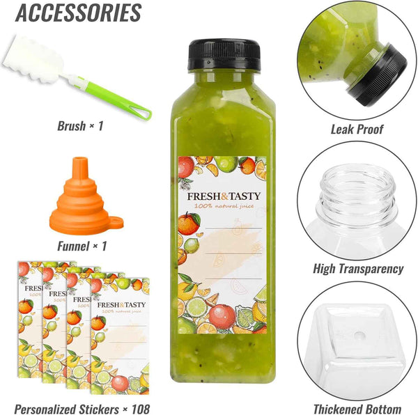 TOMNK 100pcs 16oz black plastic beverage containers with caps, funnel, and brush for juicing and smoothies