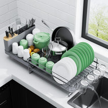 Adjustable kitchen dish drying rack with drainage and cutlery holders