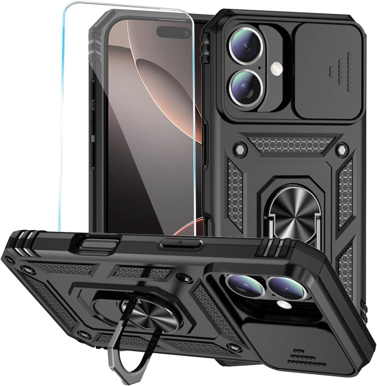 SunStory Phone Case for iPhone 16 6.1" with HD Screen Protector | Slide Camera Cover | Rotated Ring Kickstand | Military-Grade Protection | Red