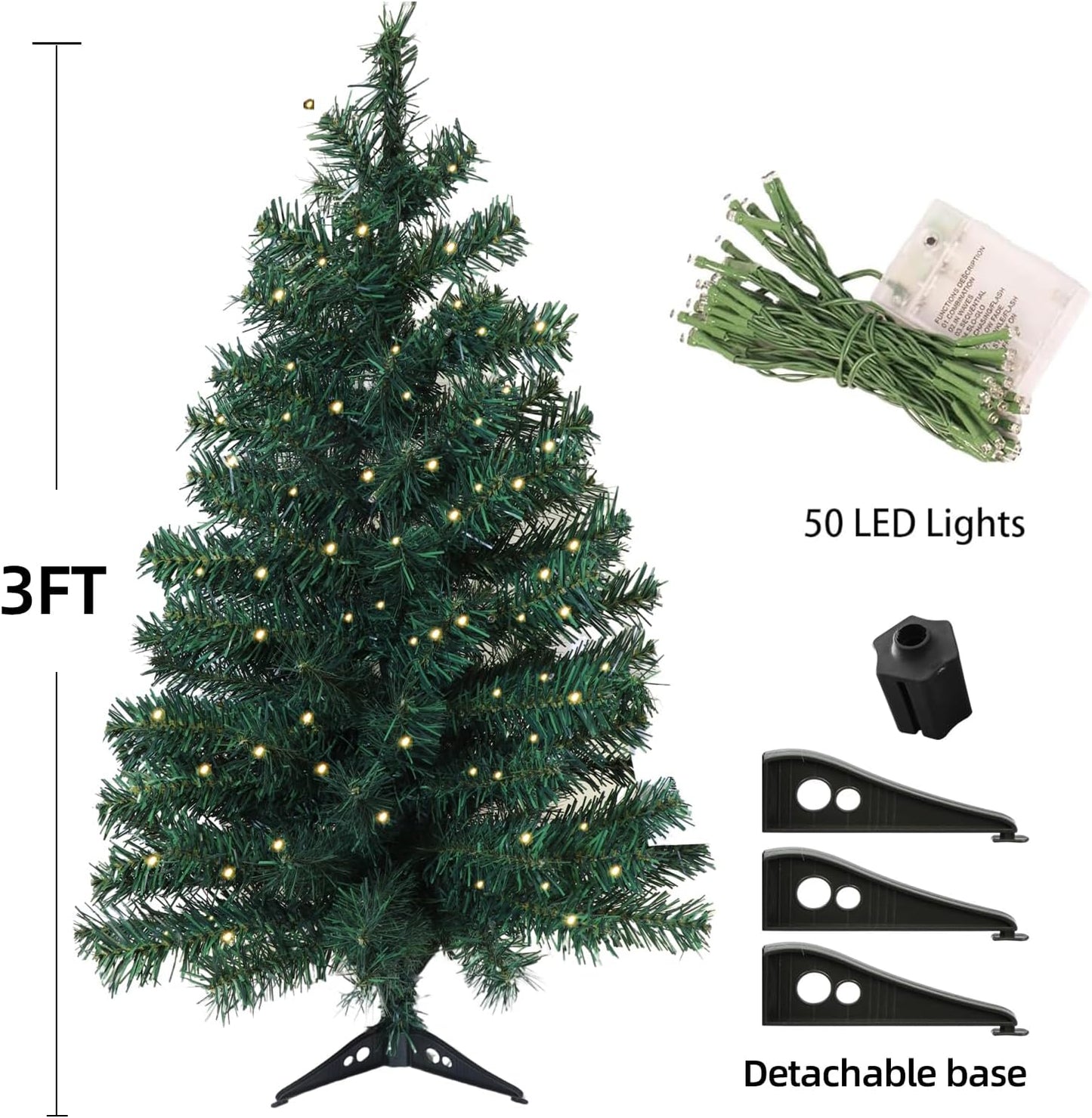3ft Pre-Lit Artificial Holiday Christmas Spruce Tree for Home, Office, Party Decoration 100-Branch&50 Warm White Lights Tips, Easy Assembly, Metal Hinges & Foldable Base