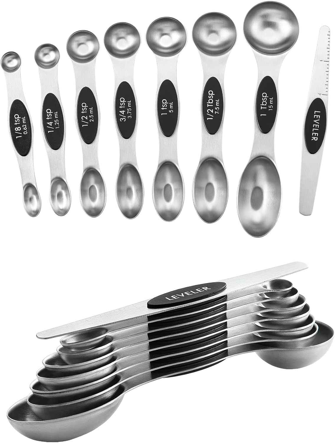 Spring Chef Stainless Steel Magnetic Measuring Spoons Set with Strong N45 Magnets, Heavy Duty Metal Kitchen Gadgets for Baking & Cooking, Fits in Most Kitchen Spice Jars, Set of 8 with Leveler, Black