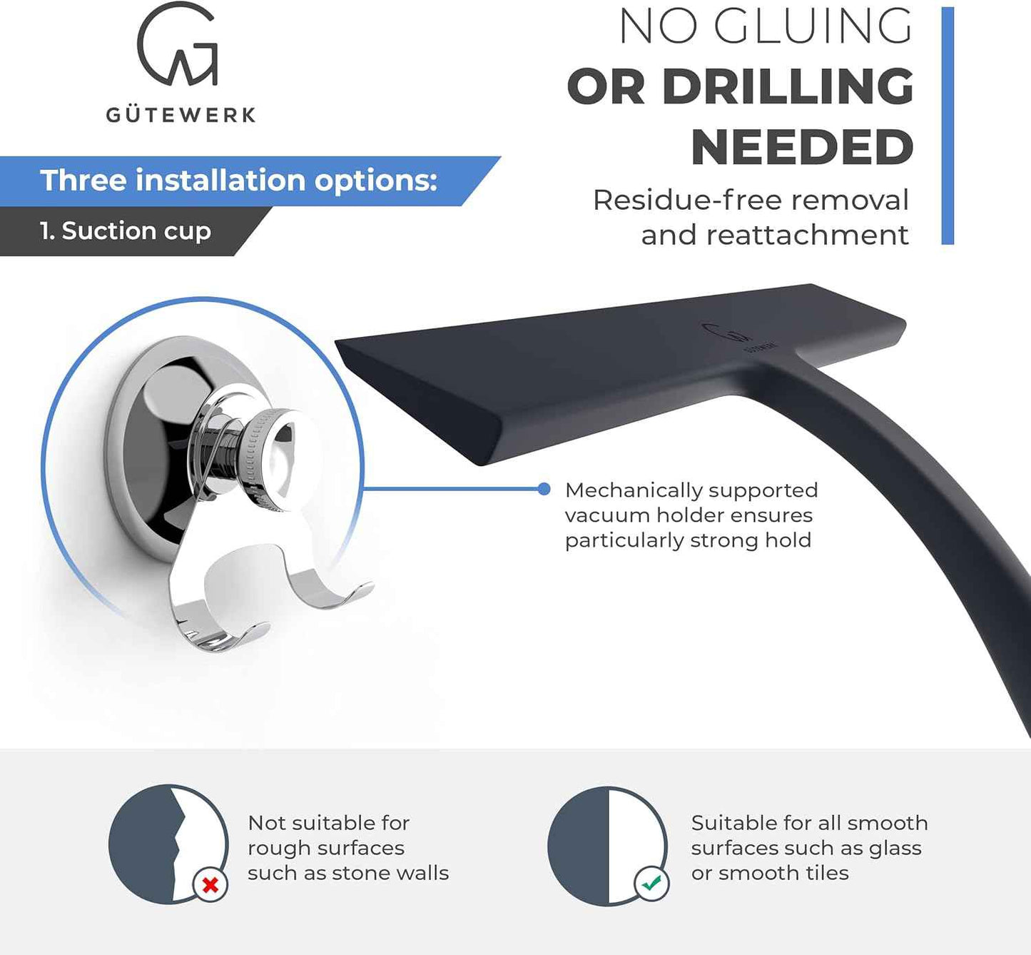 GÜTEWERK Shower Squeegee for Glass Doors, Silicone Window Squeegee, Bathroom and Glass Cleaning - Black - 9 Inch