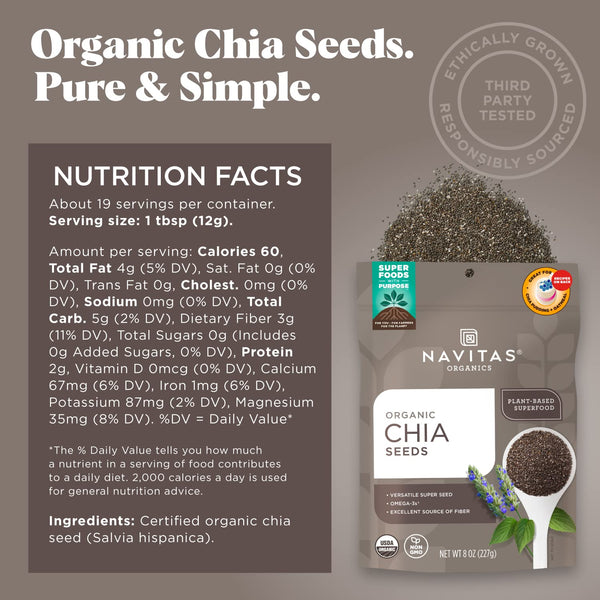 navitas organics chia seeds, 8oz, organic, non-gmo, vegan, gluten-free, 38 servings