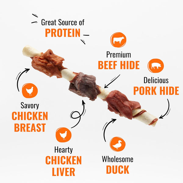 Good 'n' Fun Triple Flavor Kabobs Chews for All Dogs, 24 Ounces, with Beef Hide, Chicken, and Duck