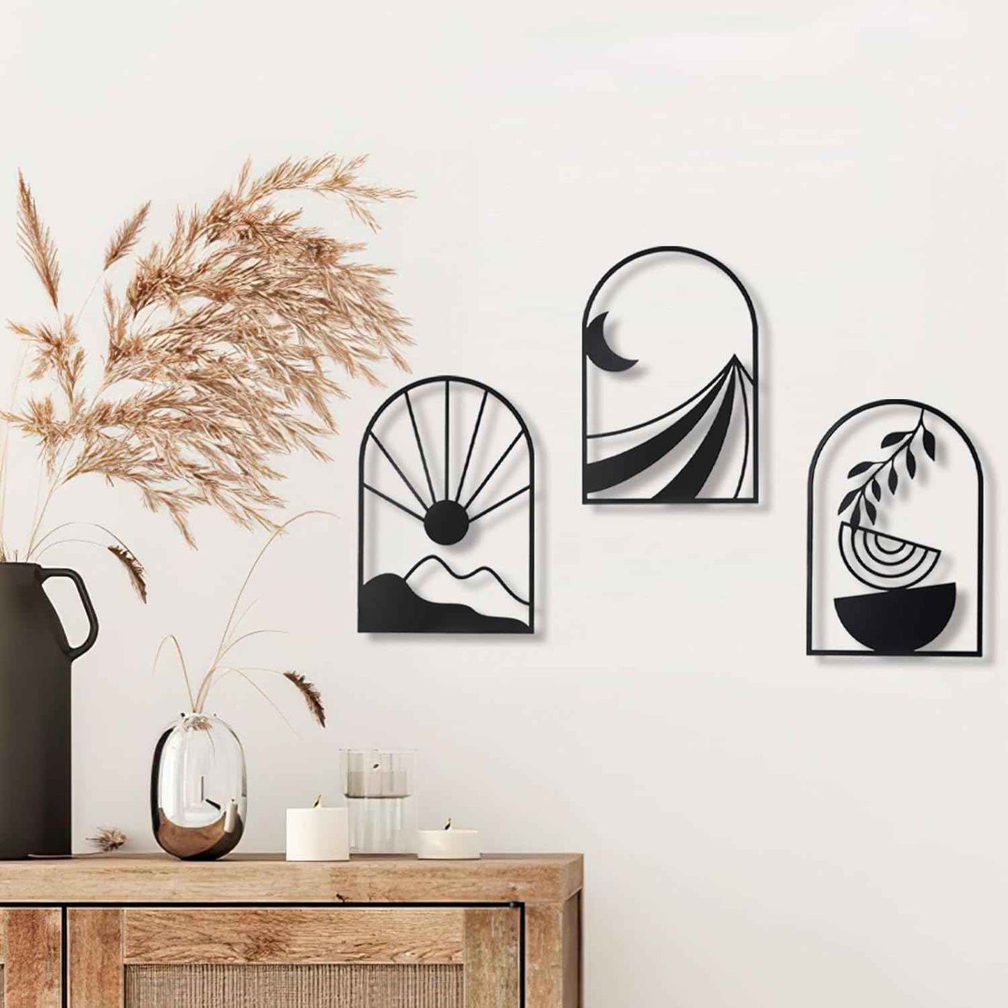 OYEFLY 3 PCS Boho Black Metal Wall Decor,Black Boho Metal Wall Art