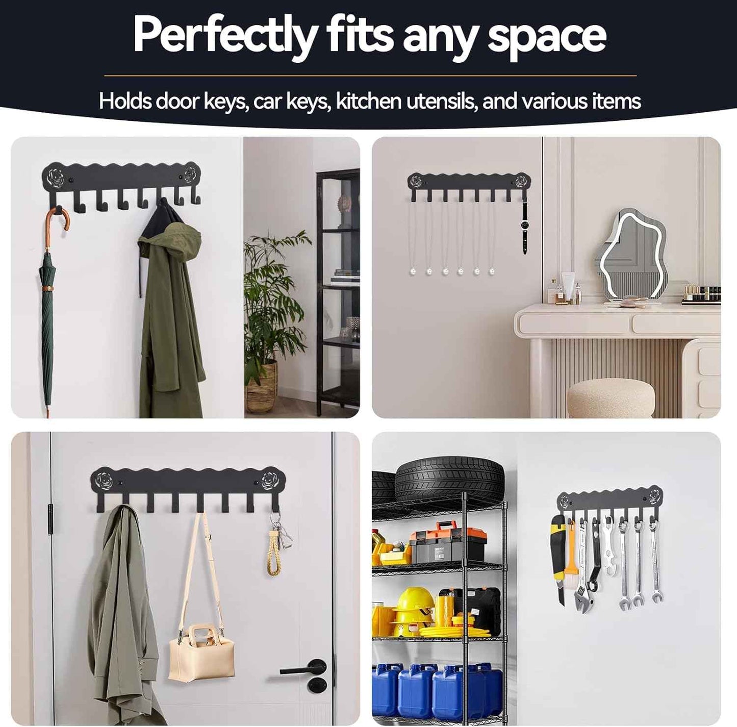 Key Holder Hooks Organizer Hanger Rack Wall Mounted with 8 Hooks, Adhesive Key Holder for Wall, No Drill Modern Key Holder Wall Mount, for Entryway, Kitchen, Hallway, RV Decor （Medium）