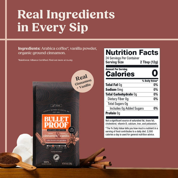 Bulletproof Cinnamon & Vanilla Flavored Ground Coffee, 10 Oz, Medium Roast, 100% Arabica Beans, No Artificial Flavors